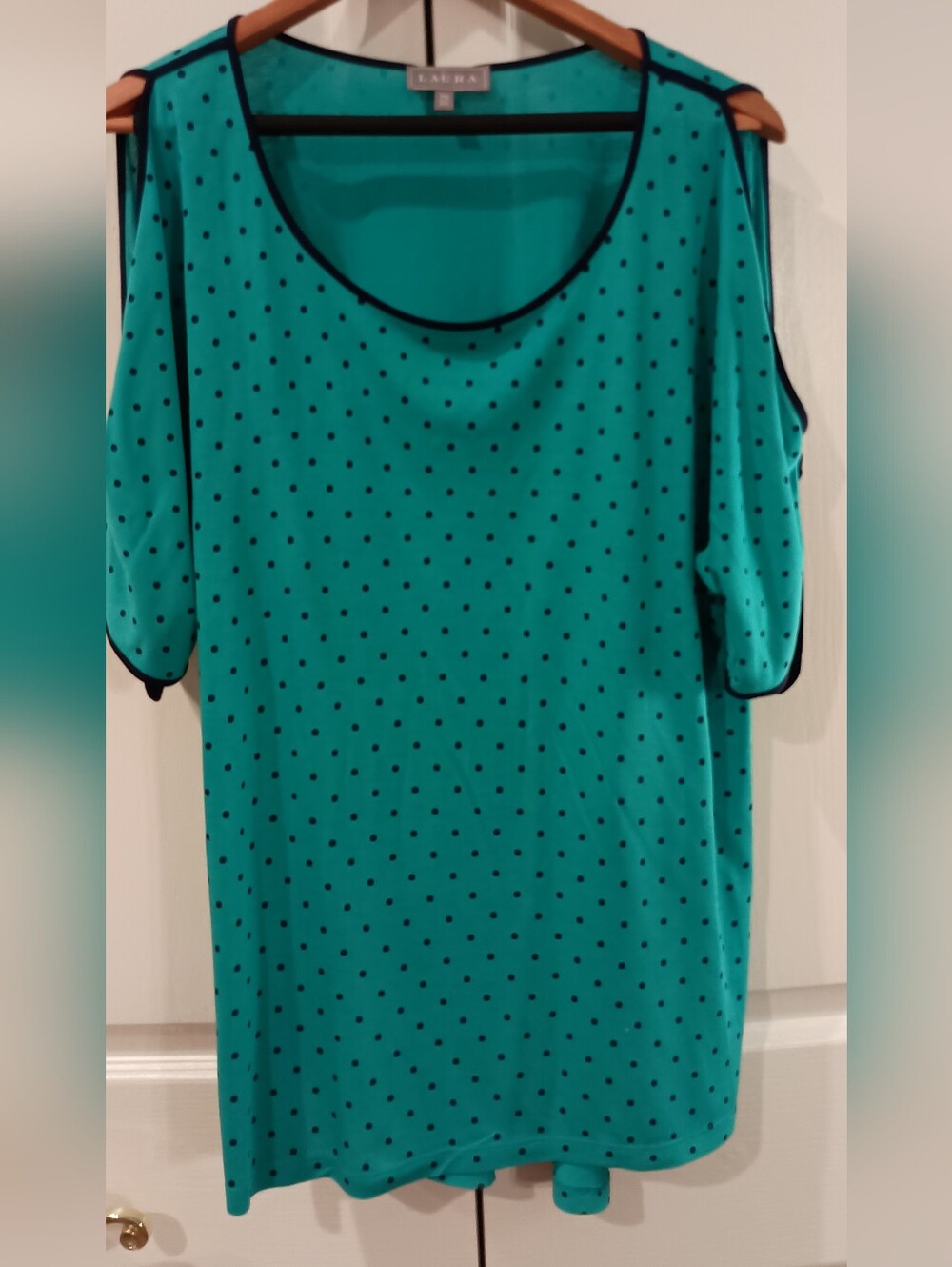 Laura Teal Polka Dot Cold-Shoulder Blouse with Black Trim